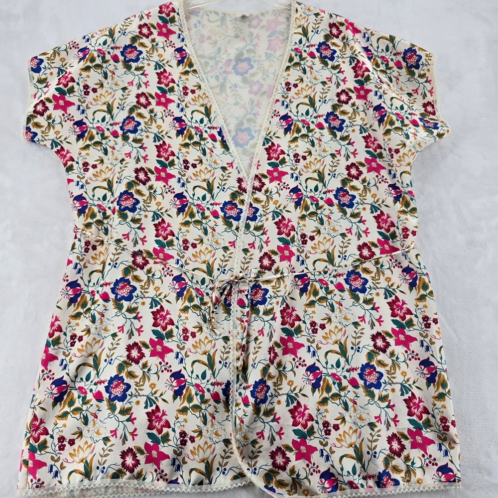 Body Chic Robe Top Womens Large 9093 Floral Lace Trim Tie Front V-Neck Multi